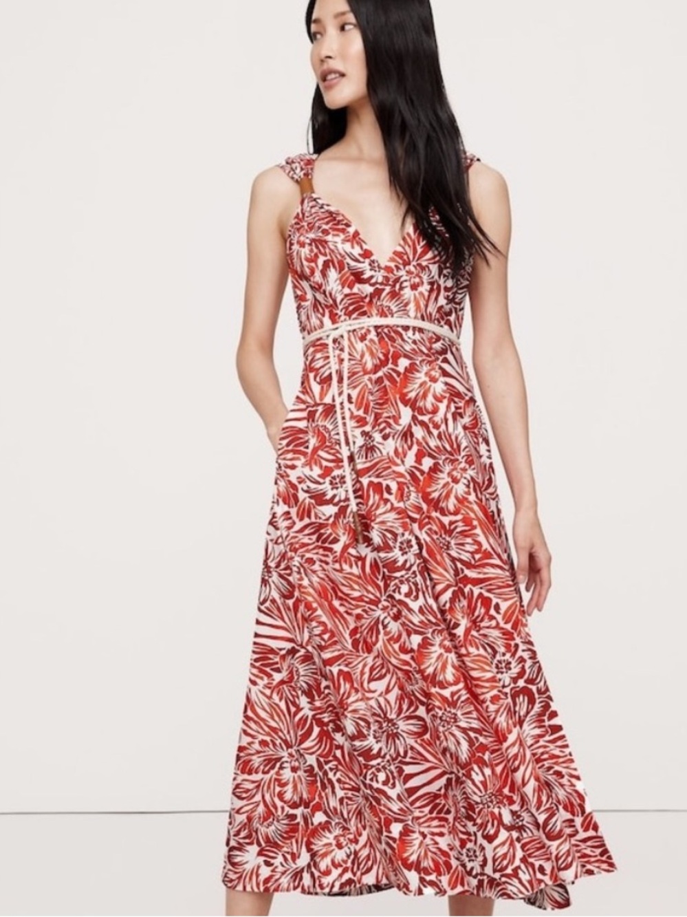 Banana Republic Red Floral Tie-Waist Midi Dress